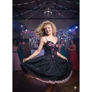 Loralie vintage retro 80 black satin Pink Floral Lace Prom  Dress Party Occasion